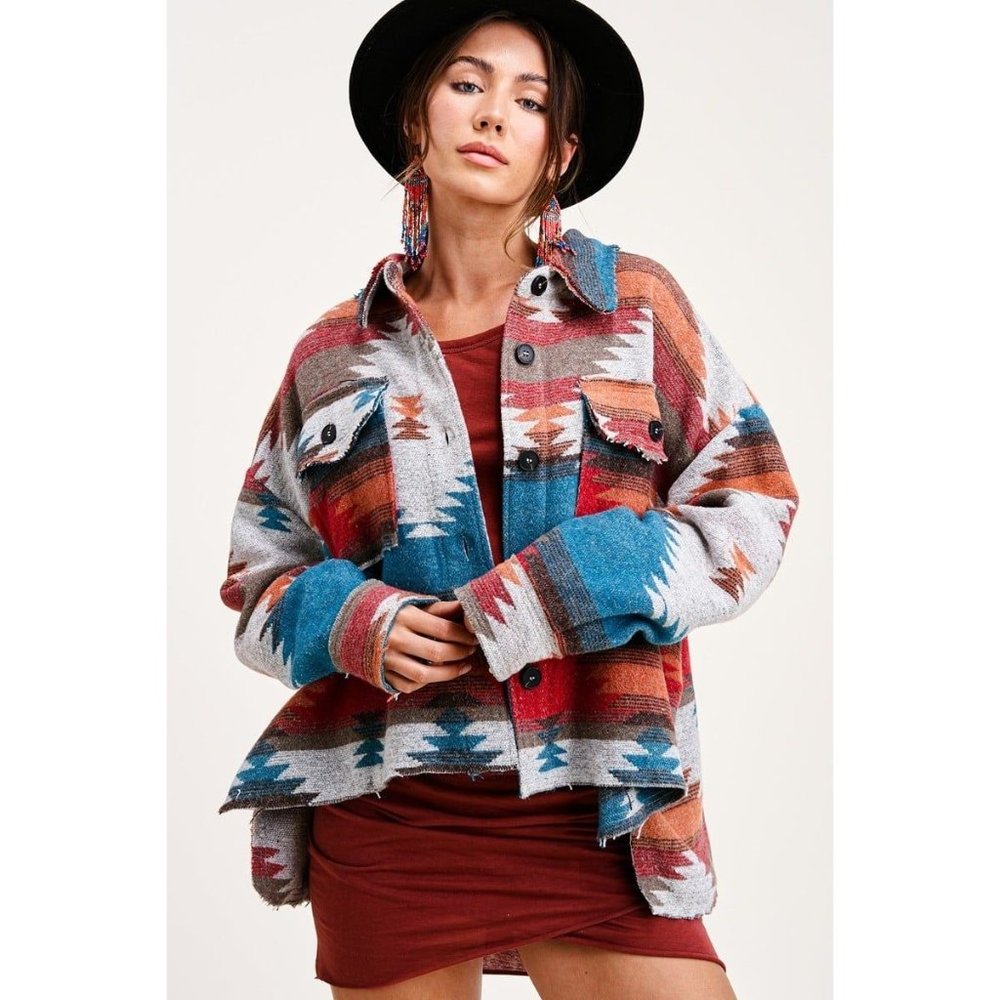 LA MIEL Multicolor Aztec Button-Down Shacket - Red, Blue, Gray, Brown